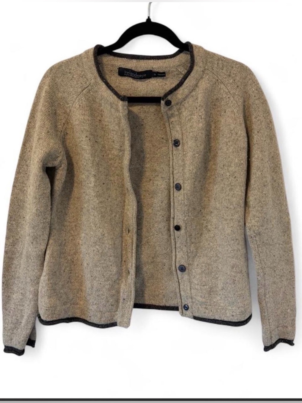 Irelandseye Wool Cashmere Tweed Cardigan Sweater Oatmeal Contrast Trim Size M